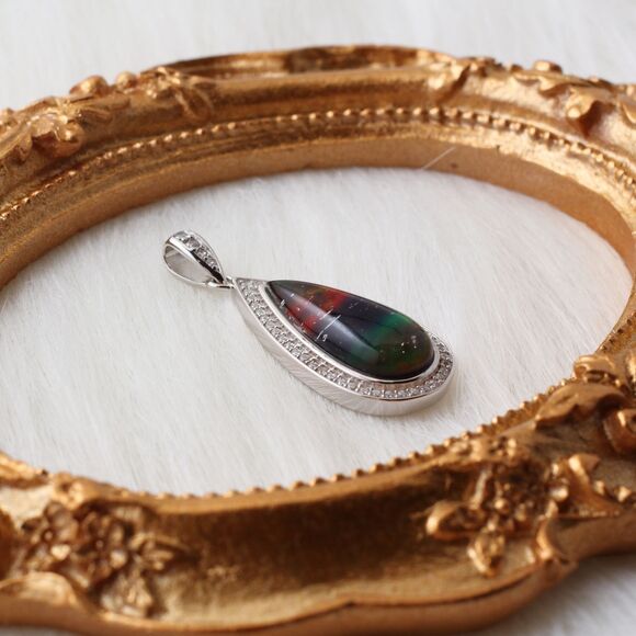 AMMOLITE NECKLACE, AMMOLITE Pendant, Sterling Silver Ammolite Pendant Necklace - Picture 3 of 4